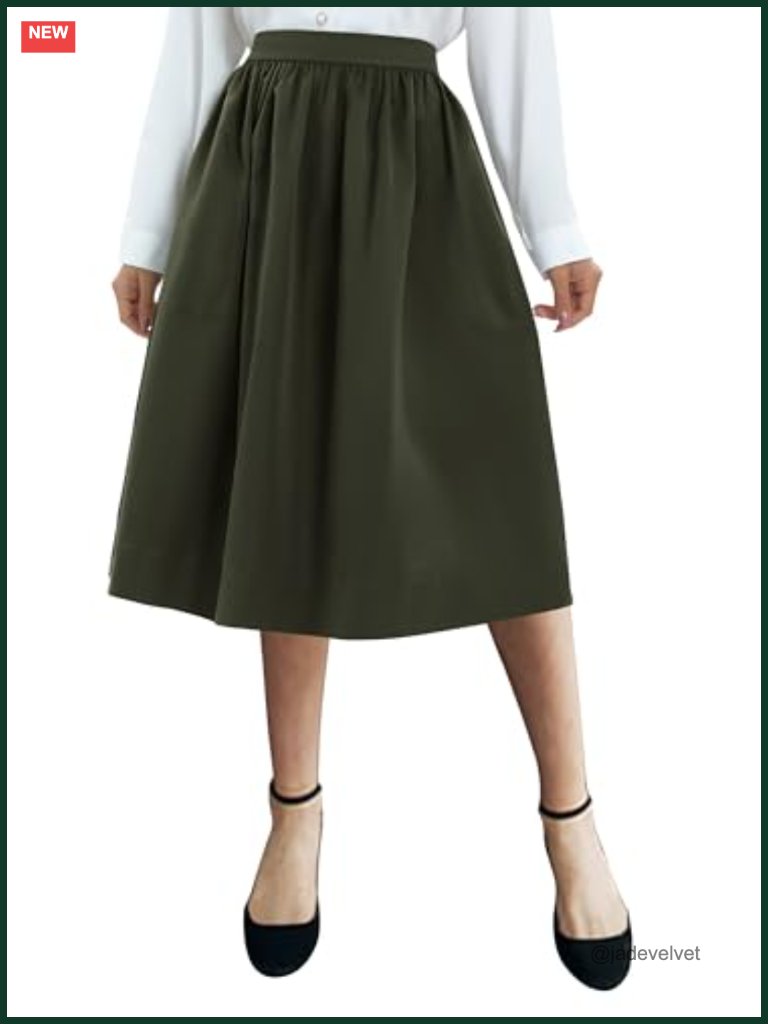 Elastic Waist A-Line Pleated Midi Skirt With Pockets